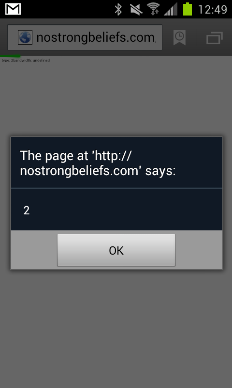A screenshot from an Android device showing an alert box with the number 2