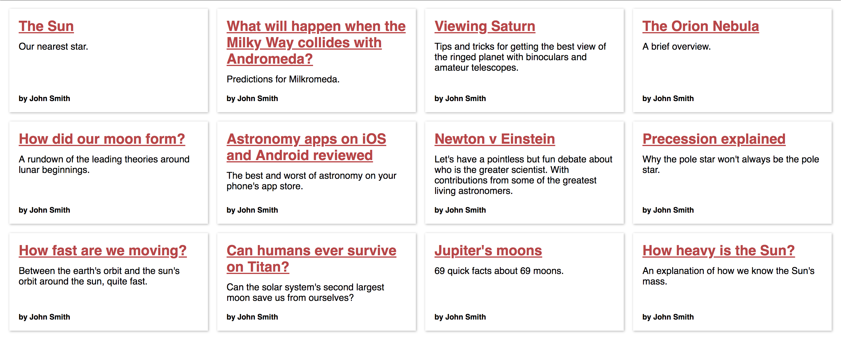 A grid of cards each containing a blog post summary